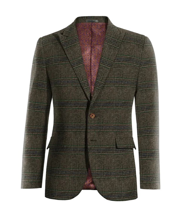  Blazer marrón de tweed a cuadros solapa en pico