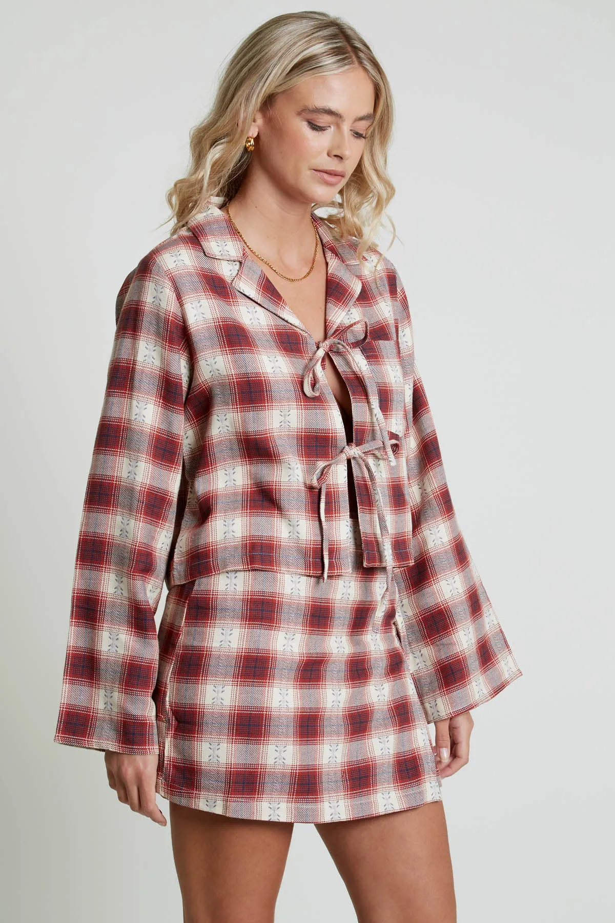 CHETI JACQUARD CHECK LONG SLEEVE SHIRT WITH TIE DETAIL