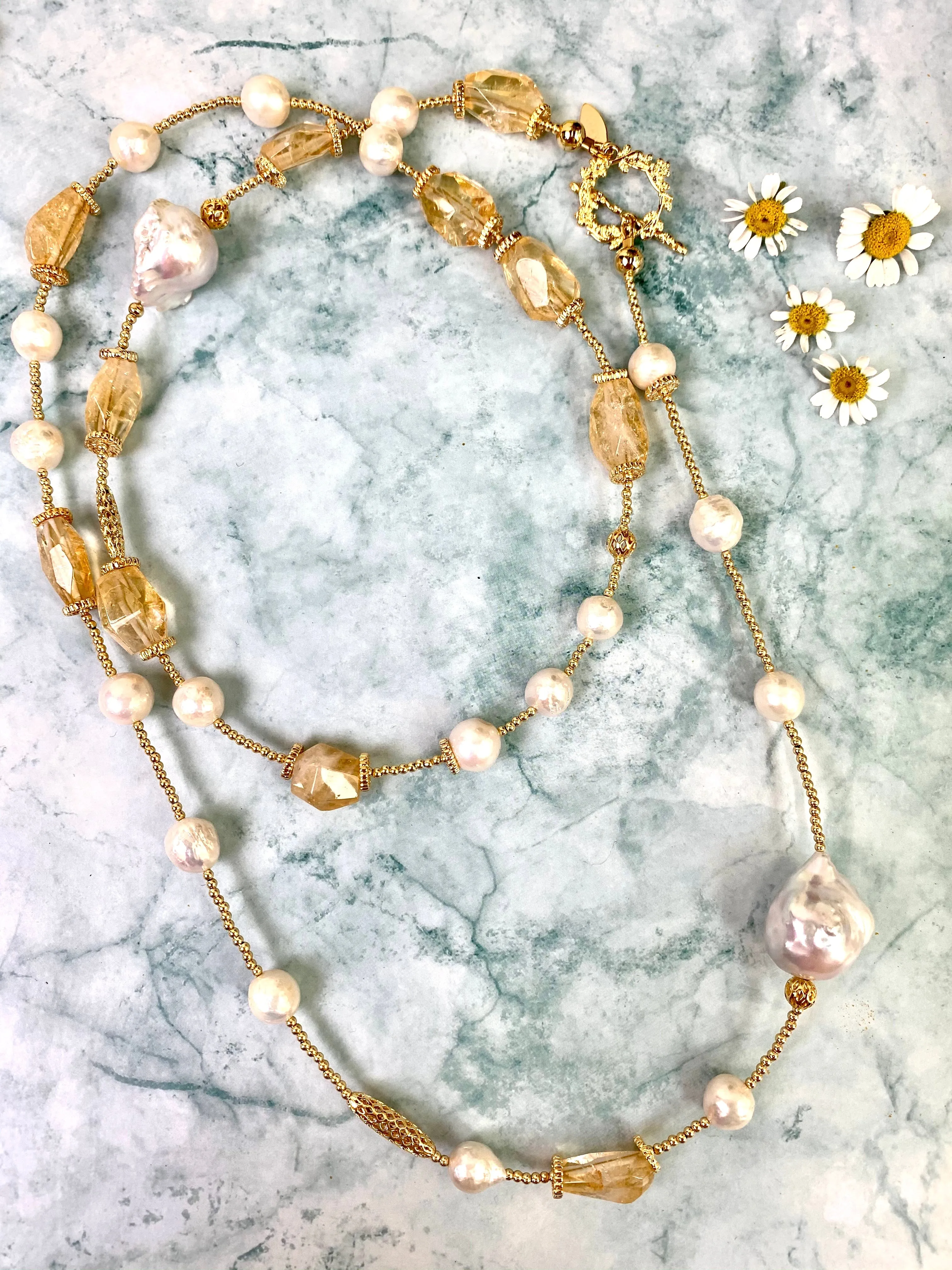 Citrine With Baroque Freshwater Pearl Long Necklace EN046