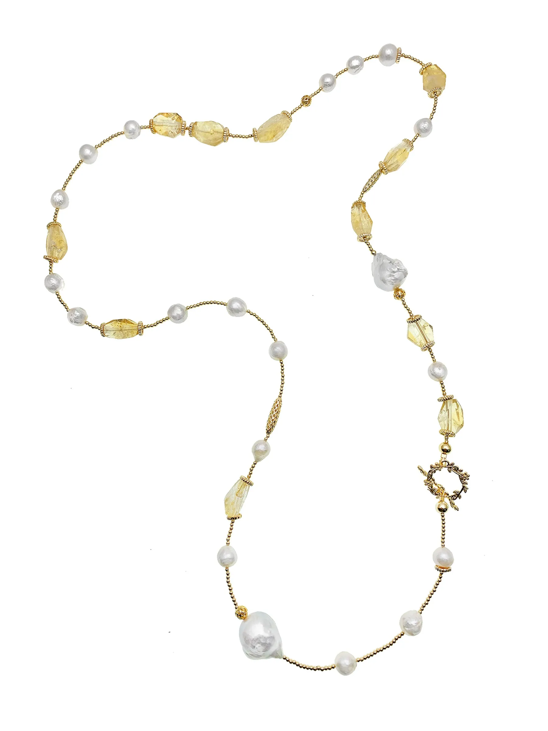 Citrine With Baroque Freshwater Pearl Long Necklace EN046