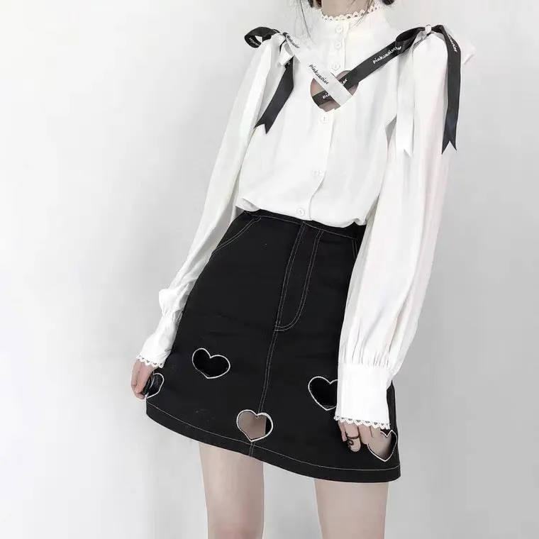 Cross ribbon hollow out white shirt