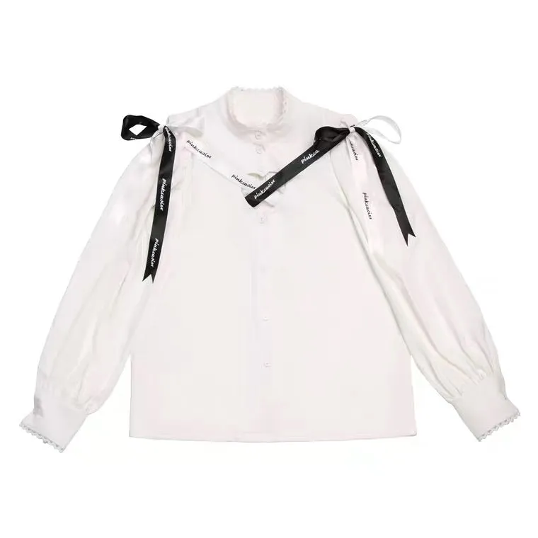 Cross ribbon hollow out white shirt