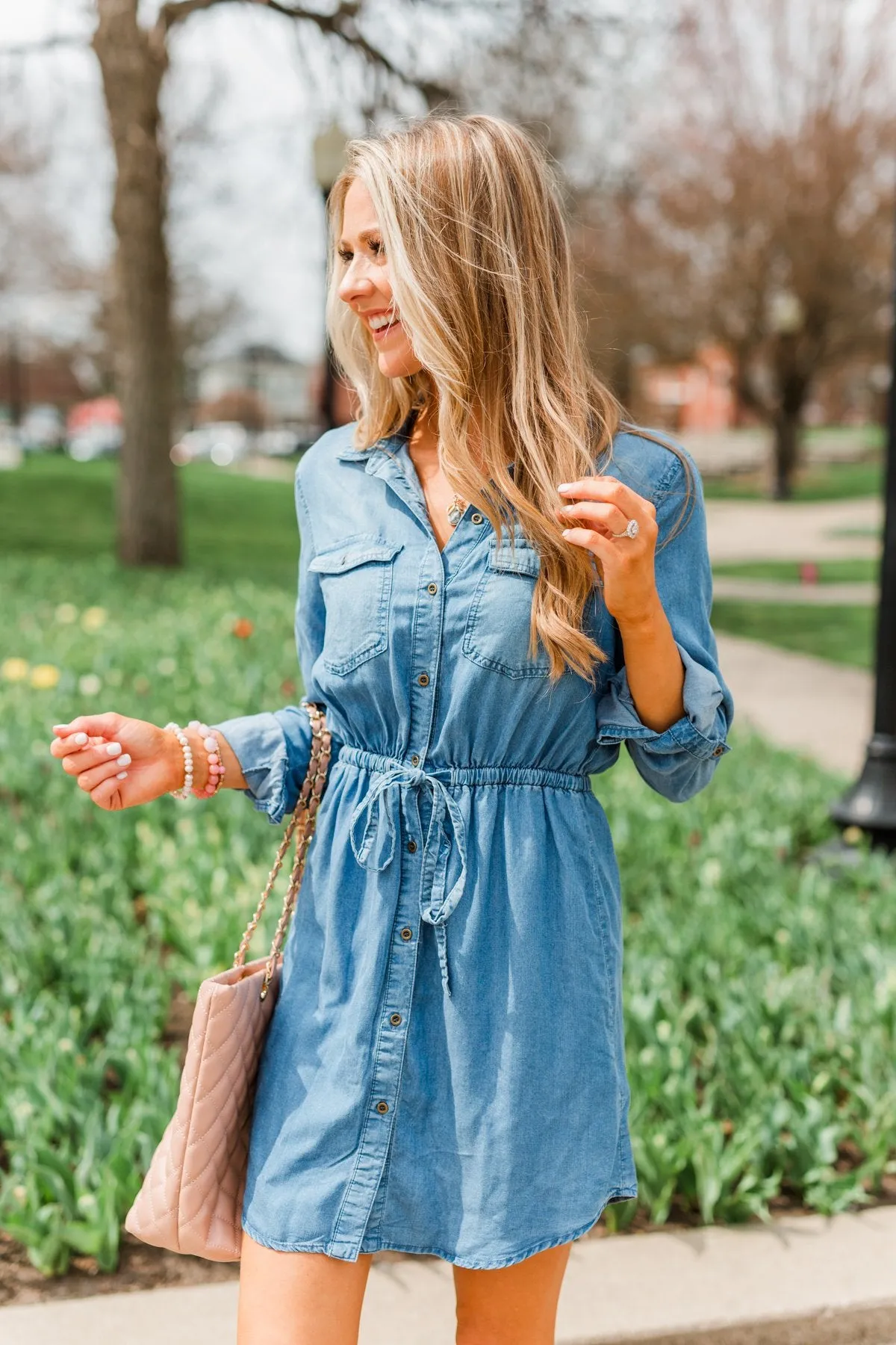 Denim Midi Shirt Dress- Medium Wash