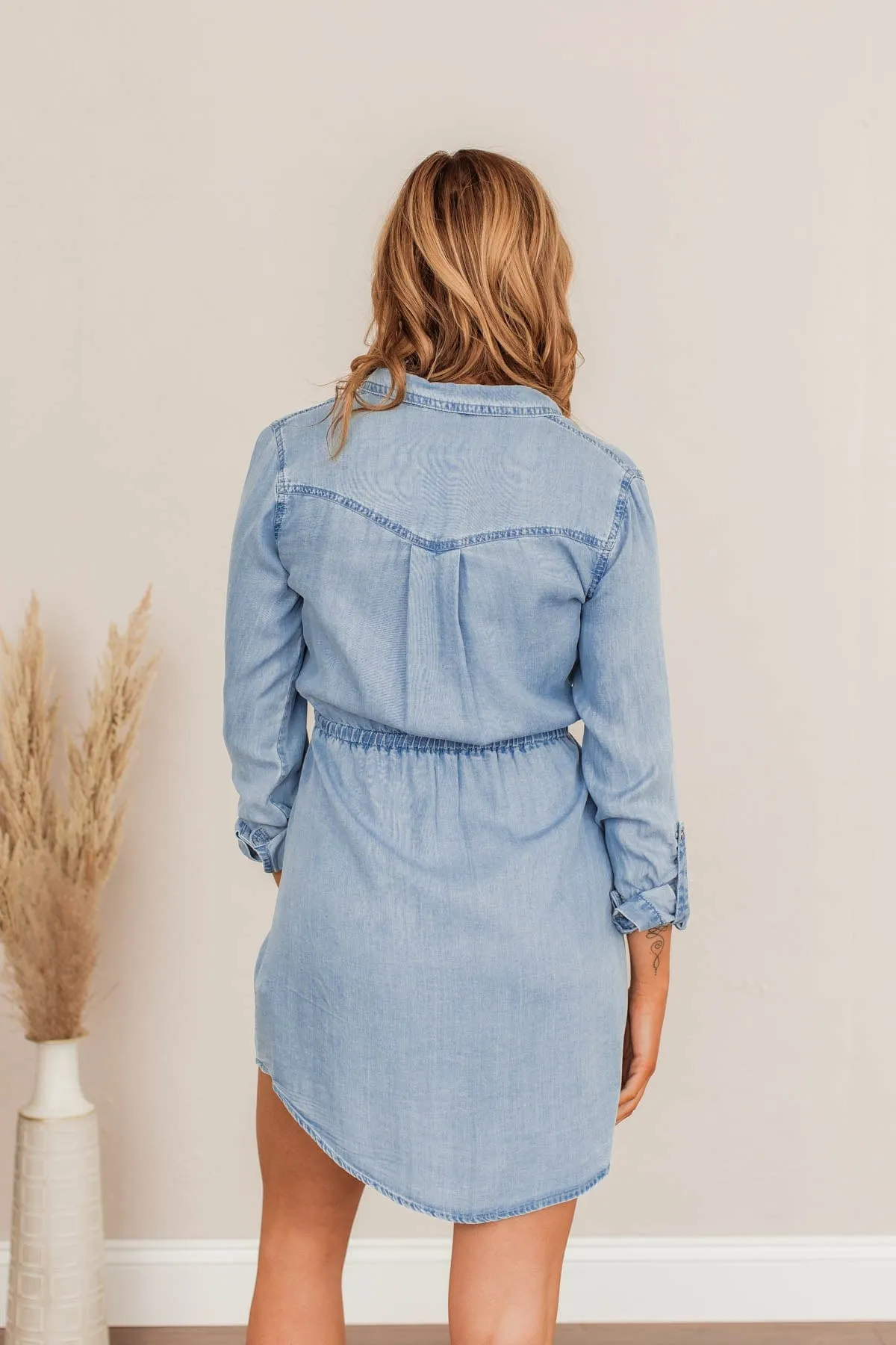 Denim Midi Shirt Dress- Medium Wash