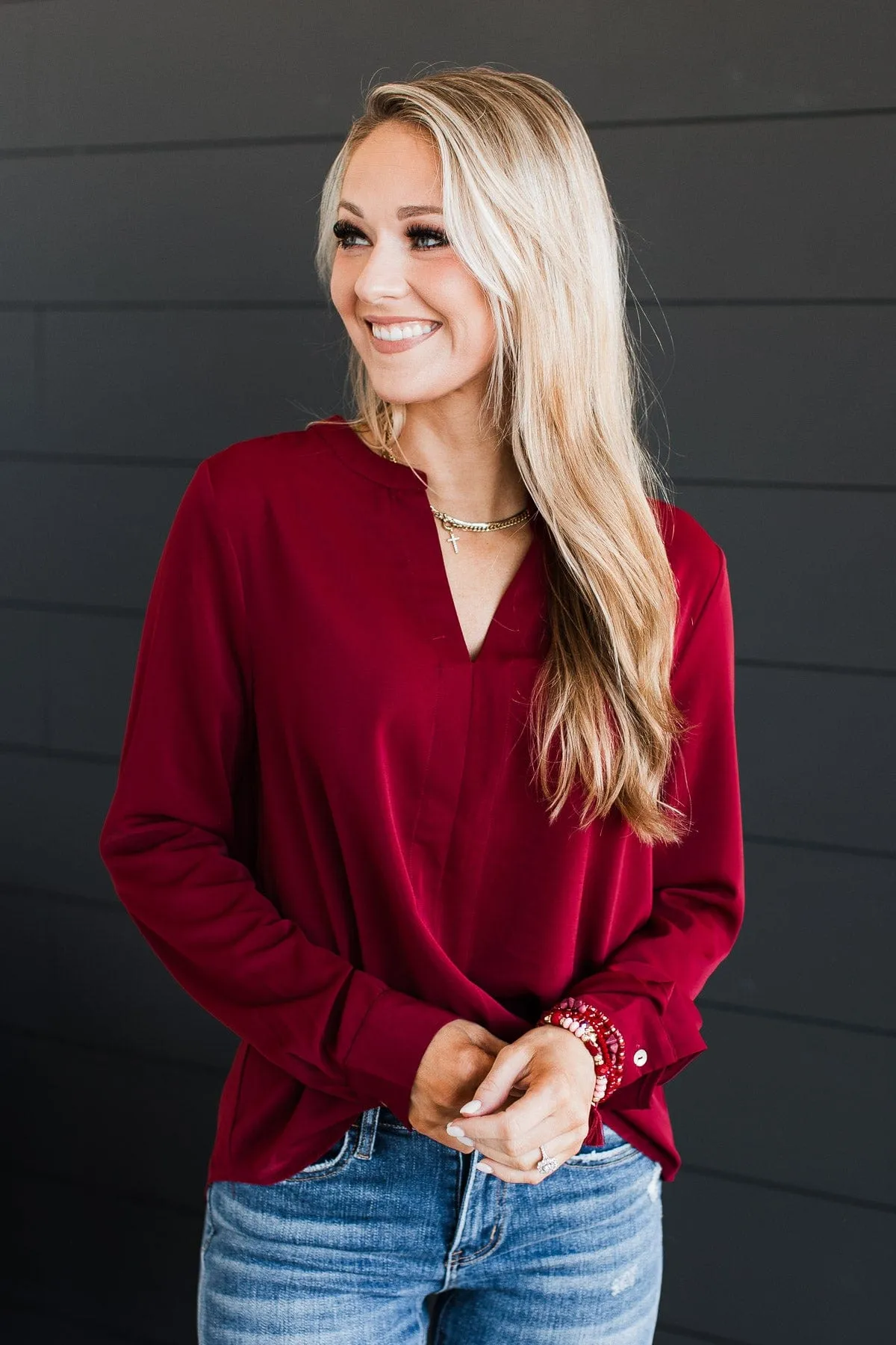 Easily Enchanted V-Neck Blouse- Wine