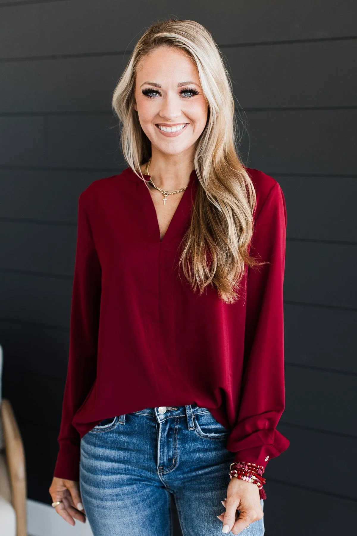 Easily Enchanted V-Neck Blouse- Wine