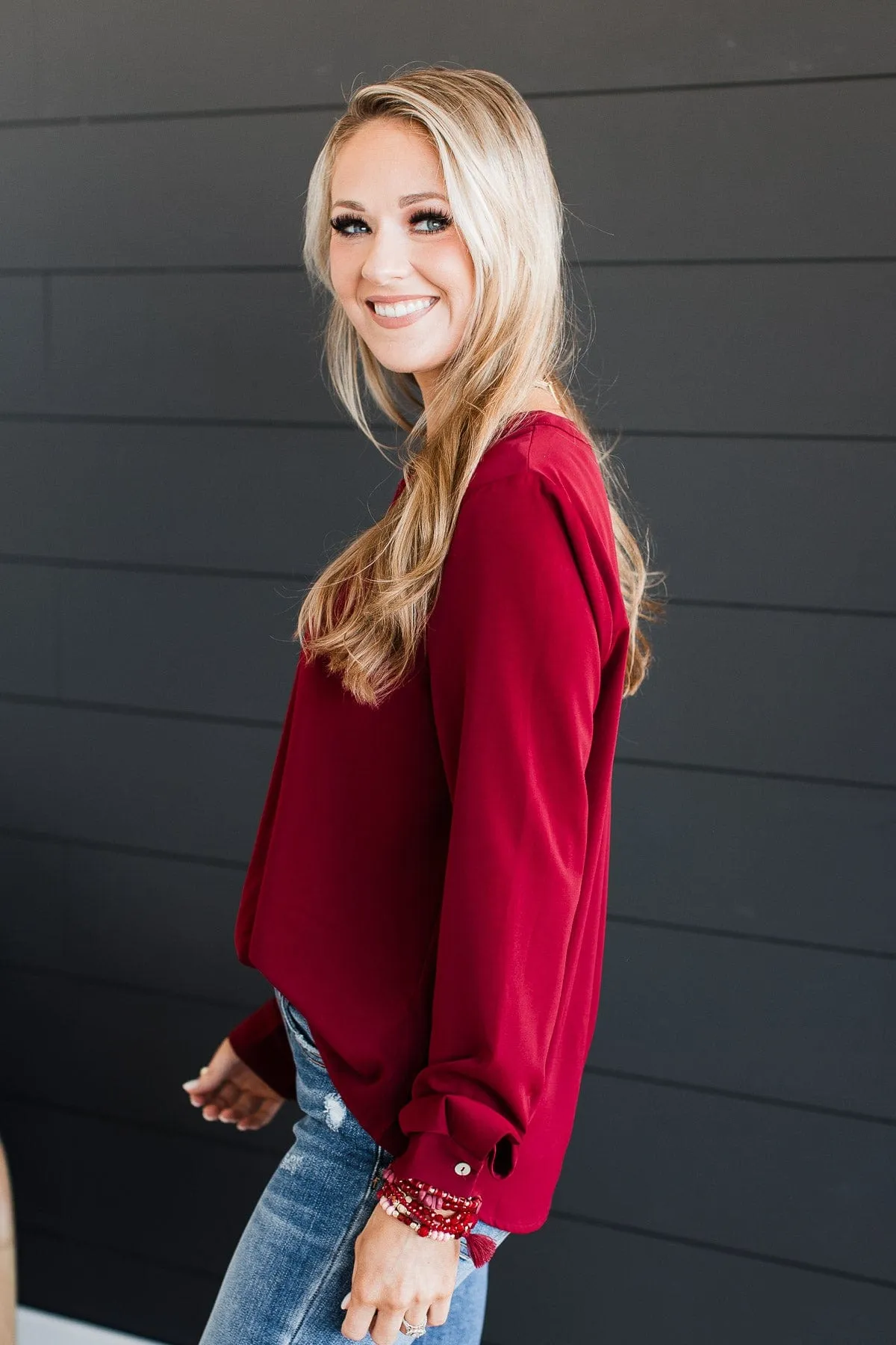 Easily Enchanted V-Neck Blouse- Wine