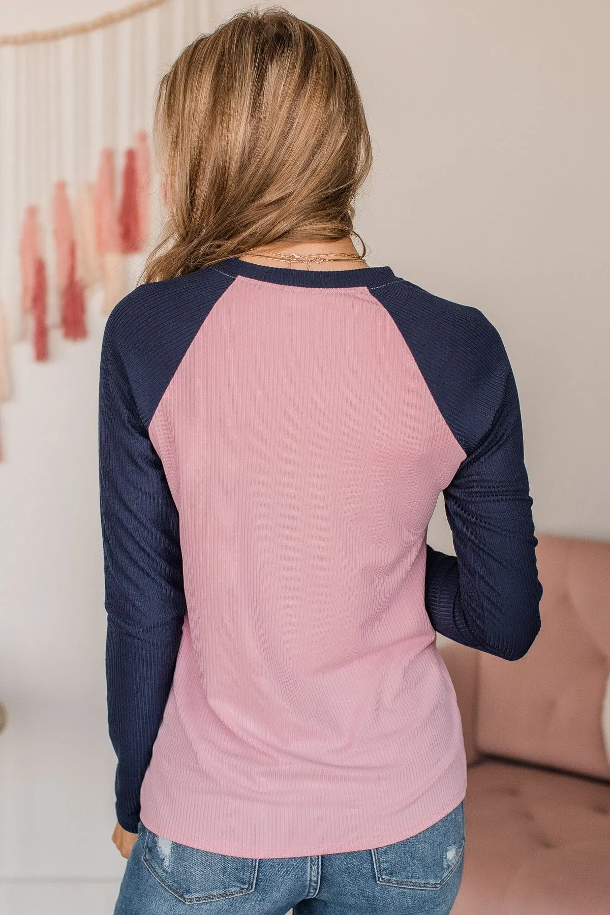 Filled With Love Long Sleeve Raglan Top- Pink & Navy