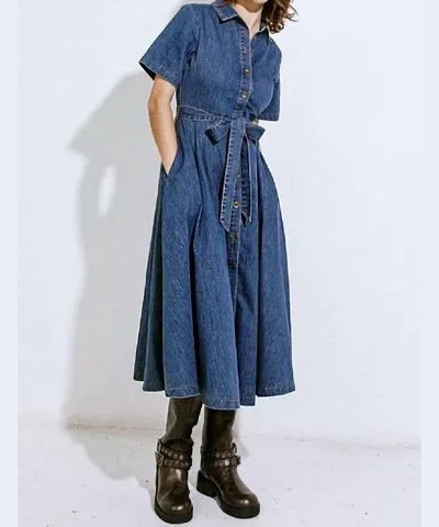 FLYING TOMATO Denim Midi Dress In Medium Indigo Wash