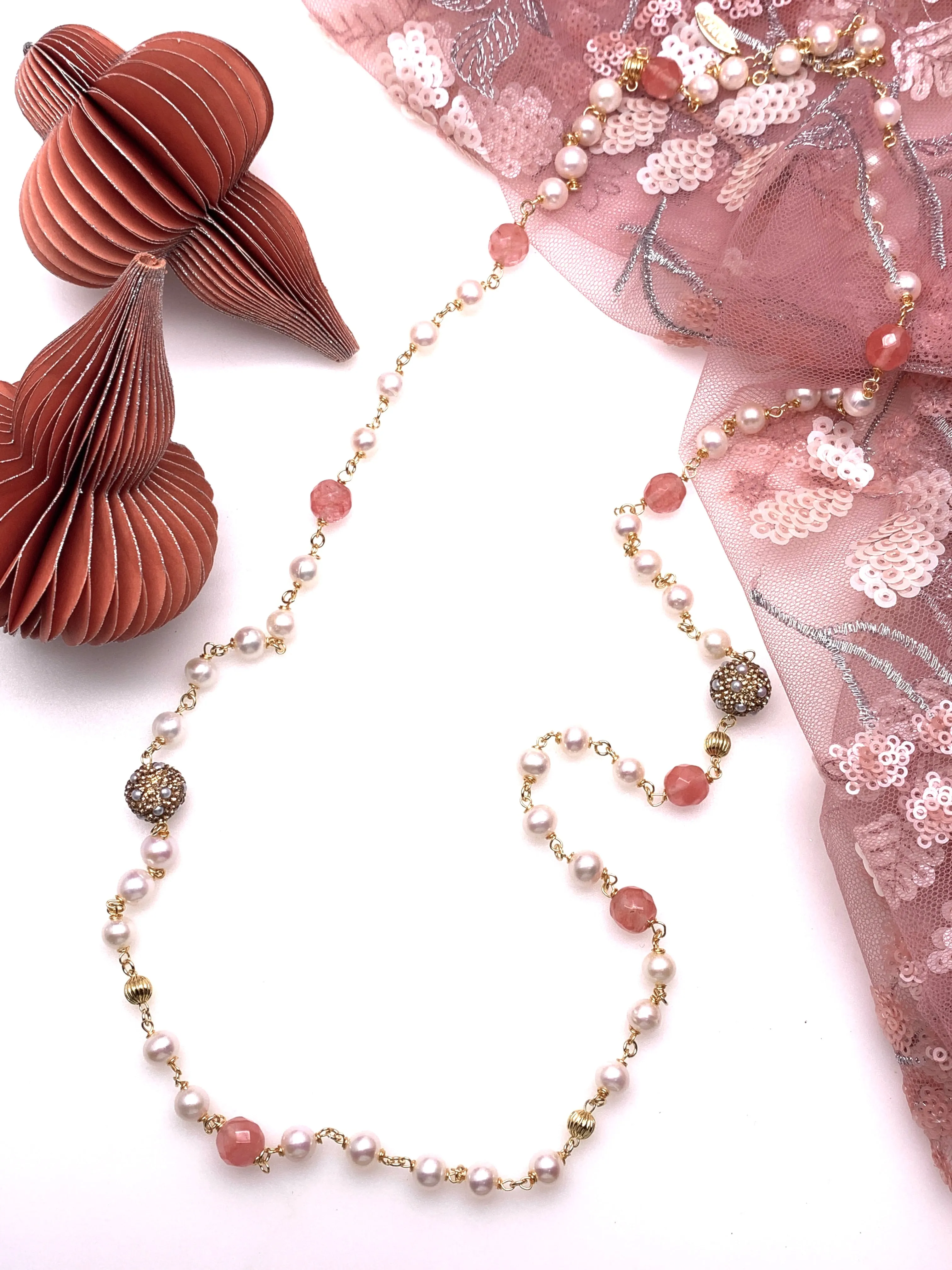 Freshwater Pearls with Watermelon Quartz Long Necklace GN004