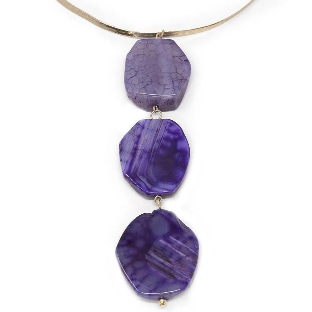 Gold Tone Long Necklace with Semiprecious Stone Pendant Purple