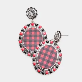 iLLASPARKZ Buffalo Check Print Colored Polka Dot Trim Metal Oval Dangle Earrings