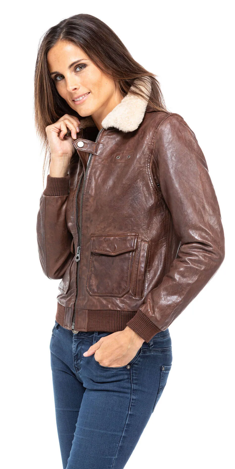 Leather jacket woman dark cognac style aviator 101313