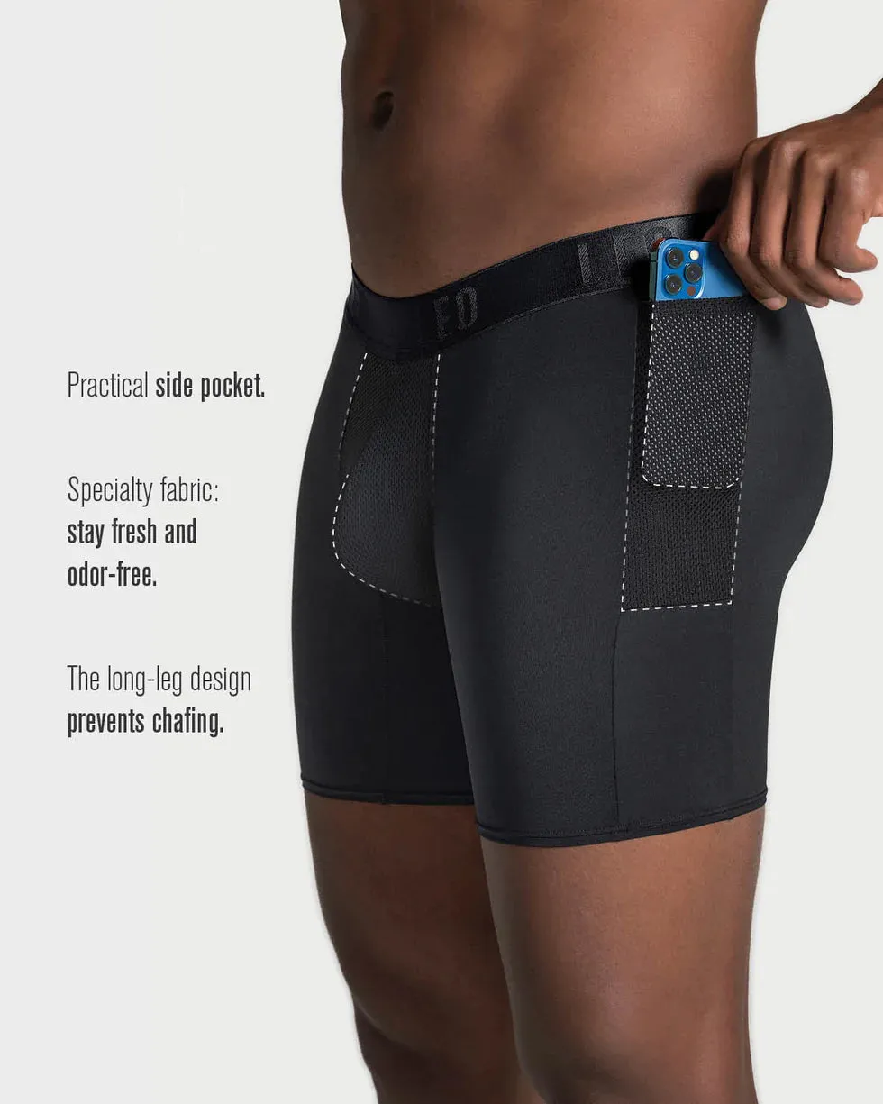 Long athletic boxers brief with side pocket