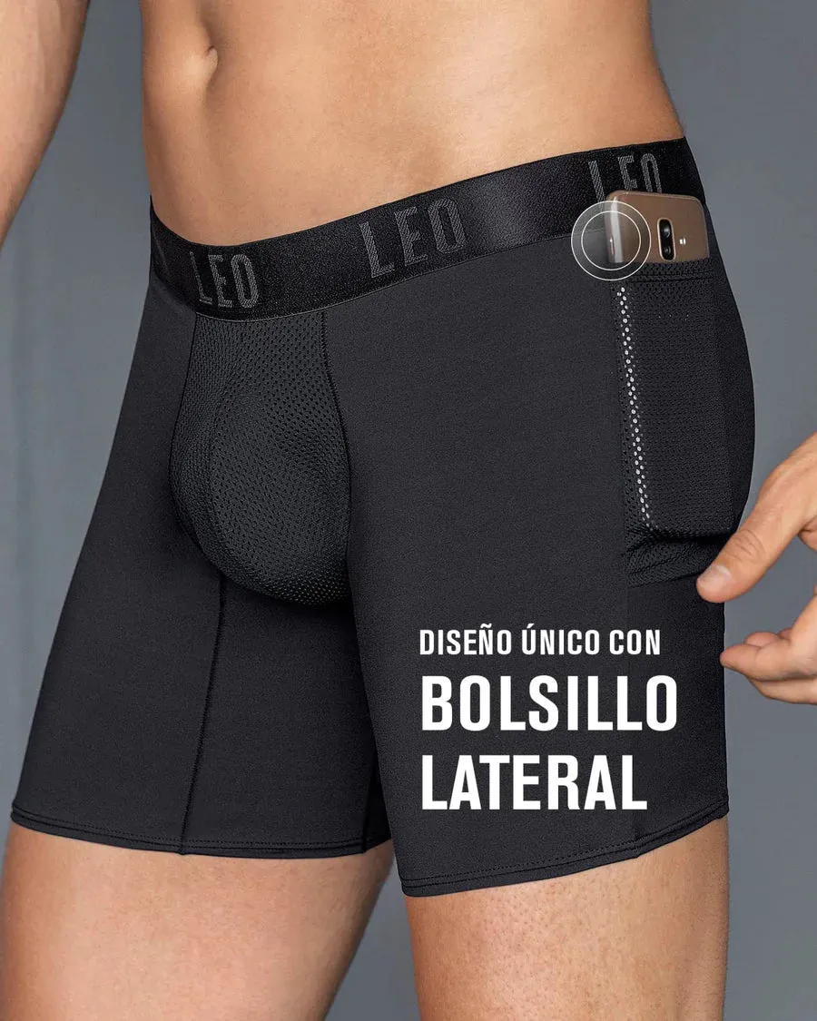 Long athletic boxers brief with side pocket