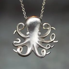 Long Baby Octopus Necklace in White Bronze with Diamonds