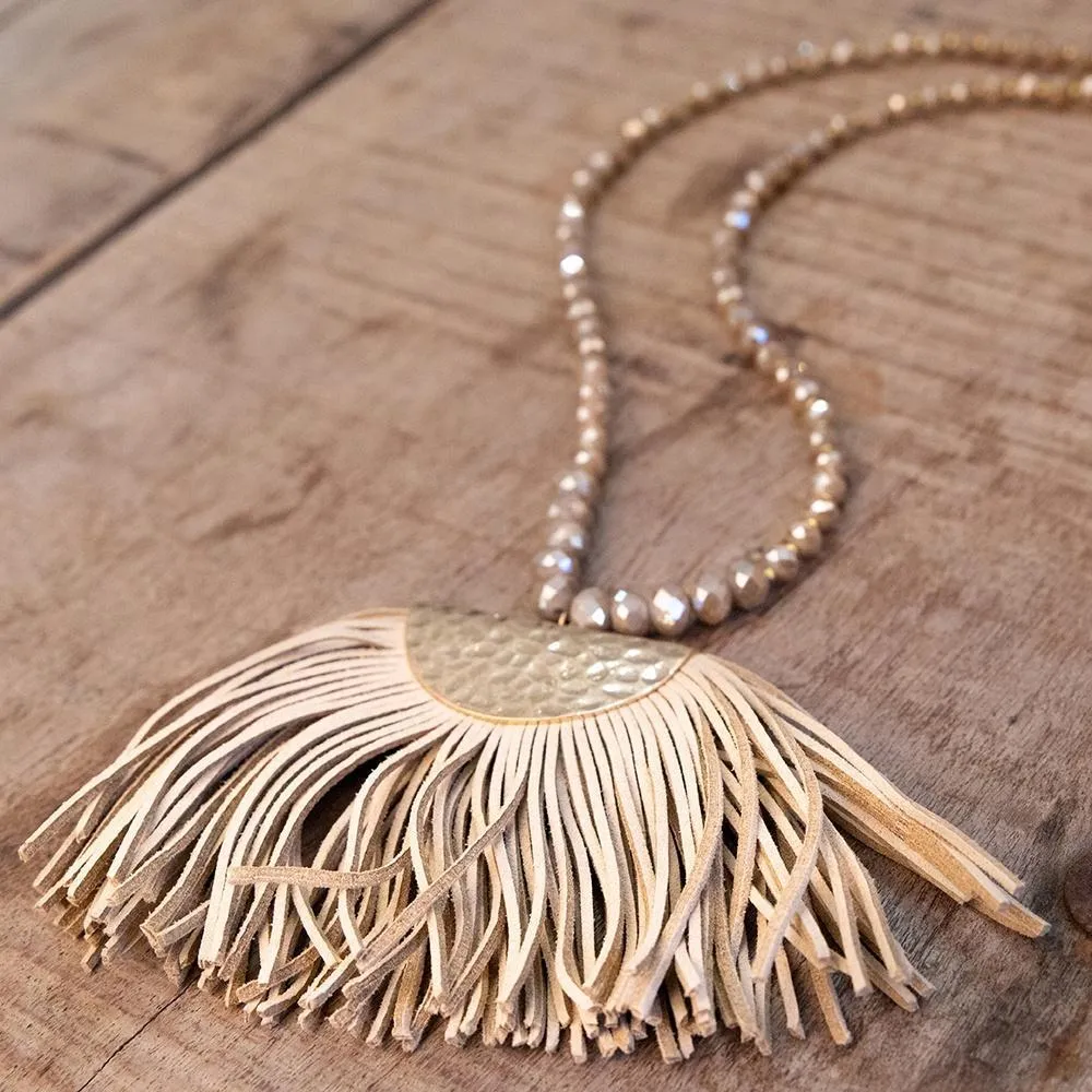 Long Necklace Beaded with Large Tassel Pendant Ivory