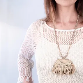 Long Necklace Beaded with Large Tassel Pendant Ivory