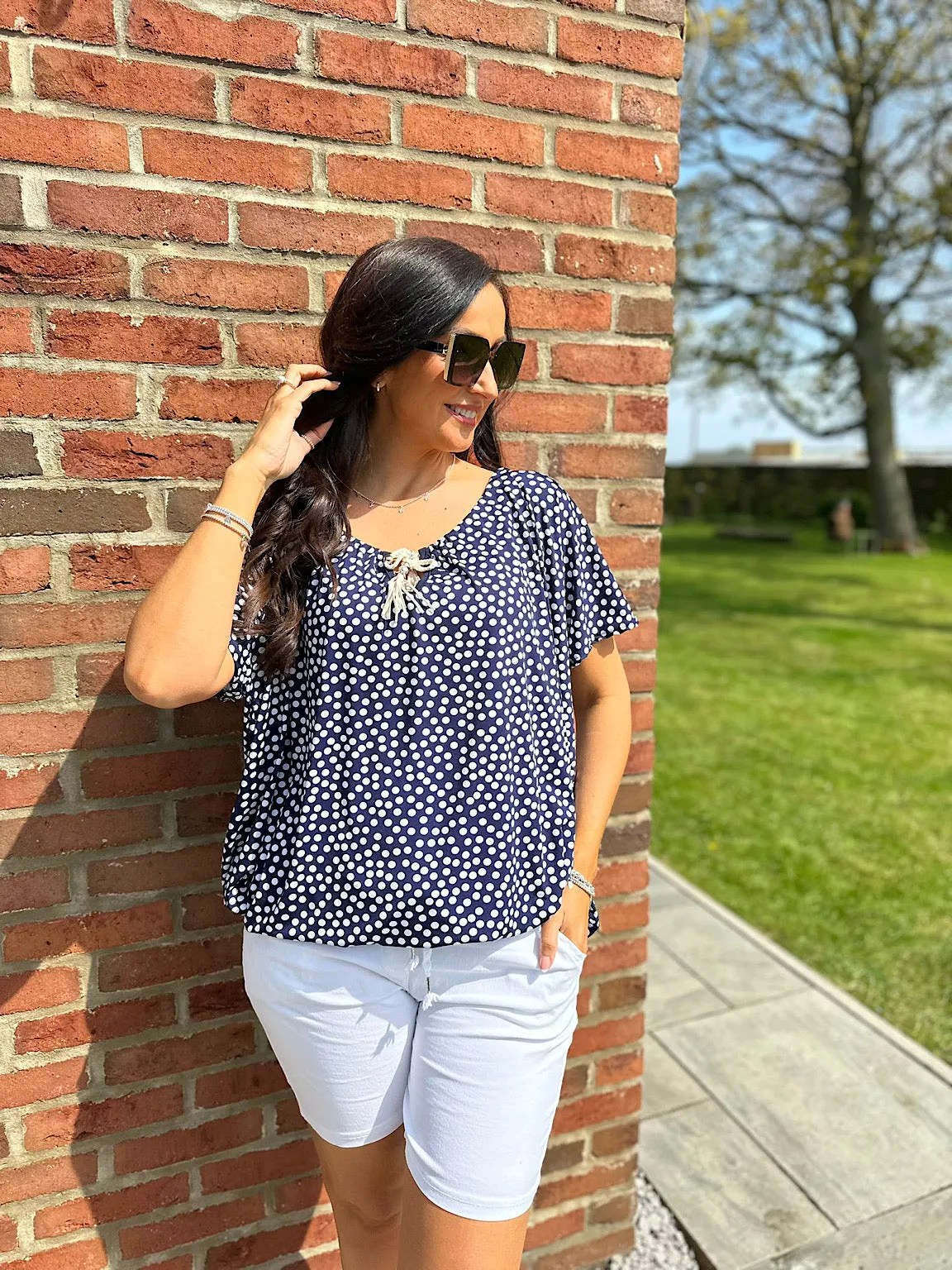 Navy Polka Dot Tassel Top Fran