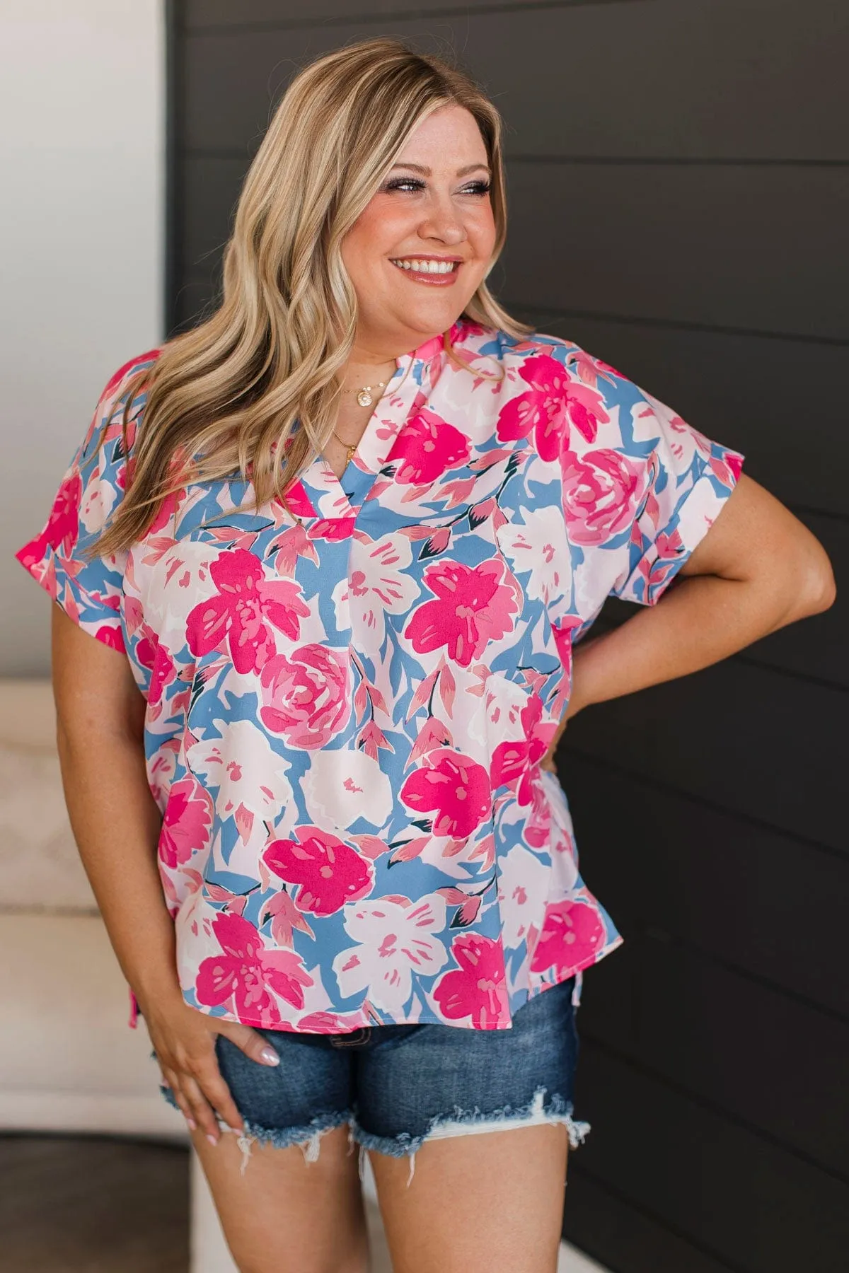 On My Own Time Floral Blouse- Fuchsia & Blue