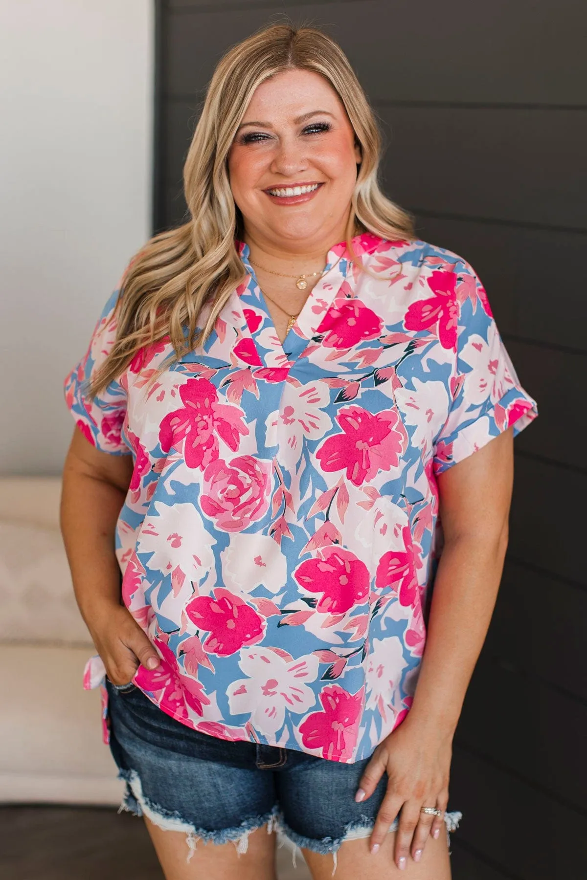 On My Own Time Floral Blouse- Fuchsia & Blue