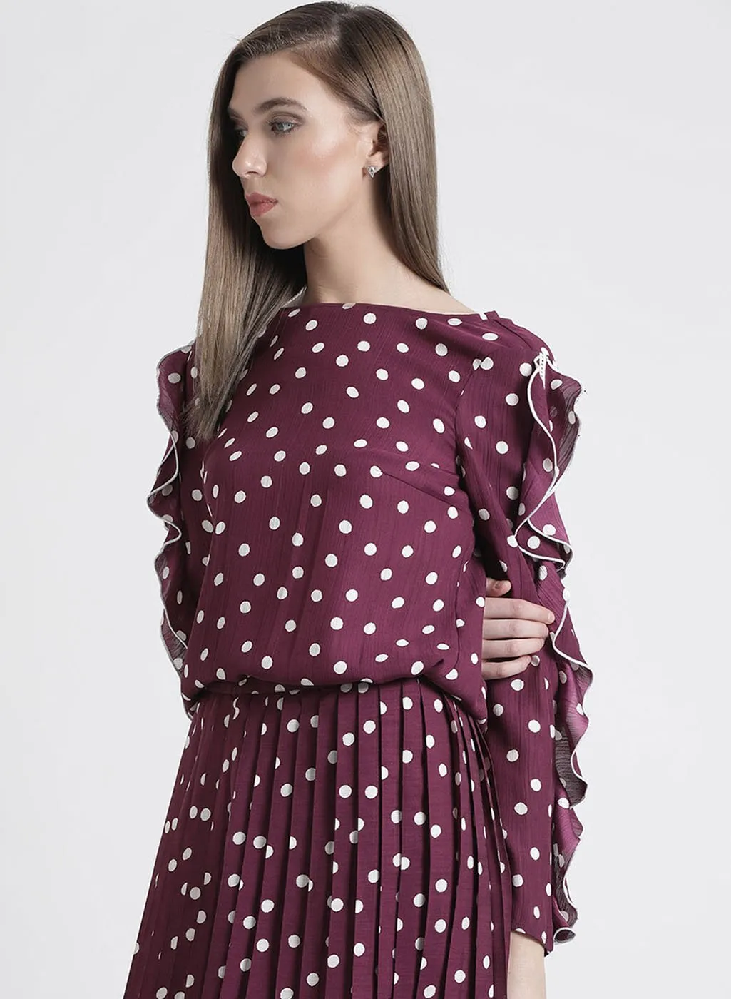 Polka Dot Top With Frills At Its Sleeves