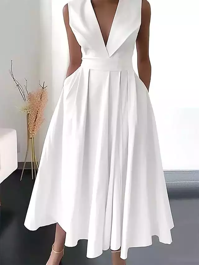 Pure White Sleeveless Midi Swing Dress for Women - Elegant and Comfortable