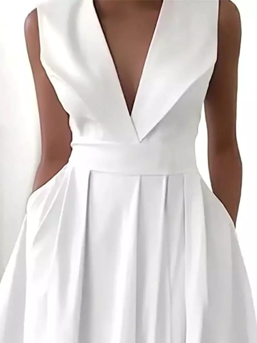 Pure White Sleeveless Midi Swing Dress for Women - Elegant and Comfortable