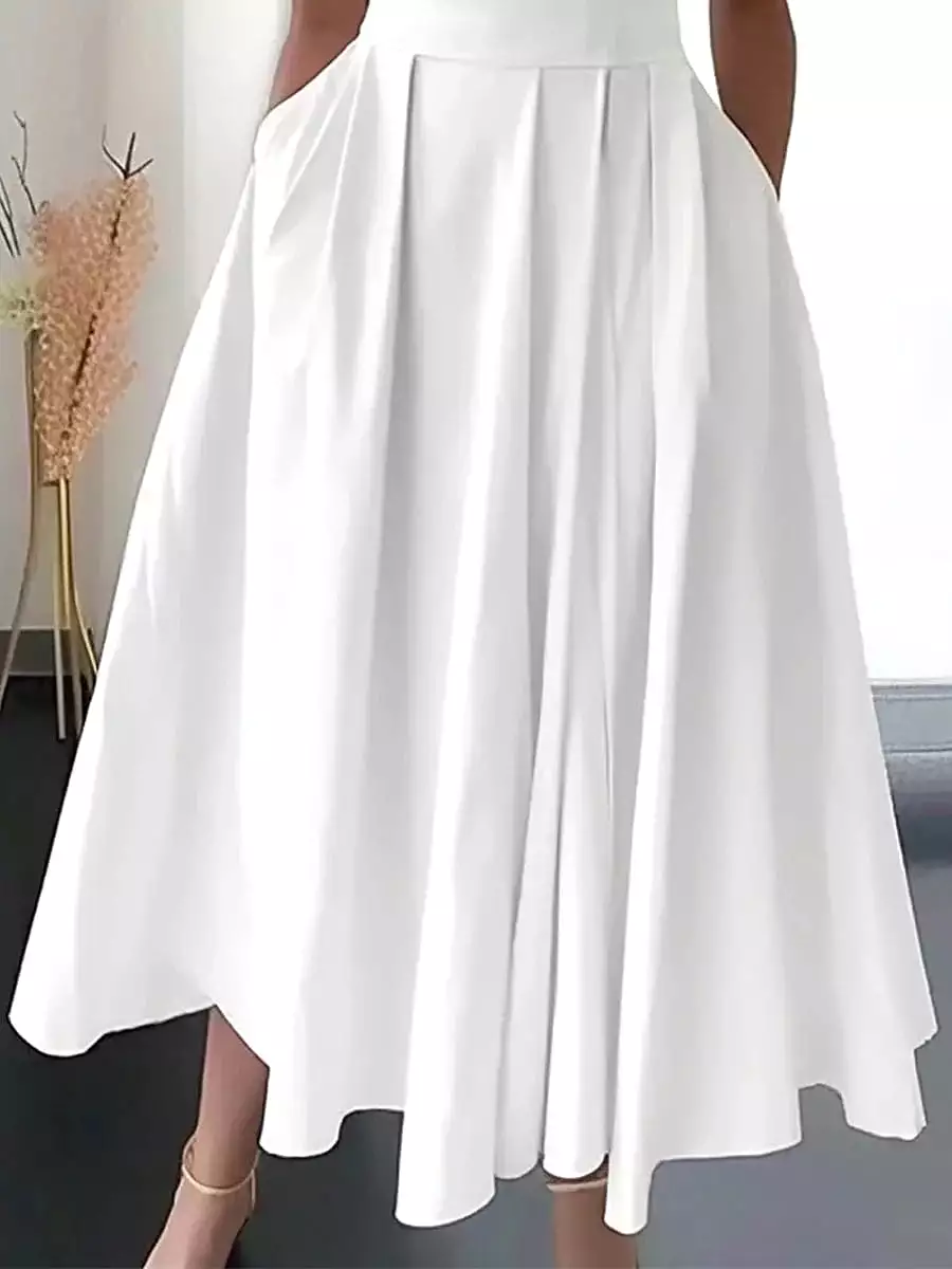 Pure White Sleeveless Midi Swing Dress for Women - Elegant and Comfortable