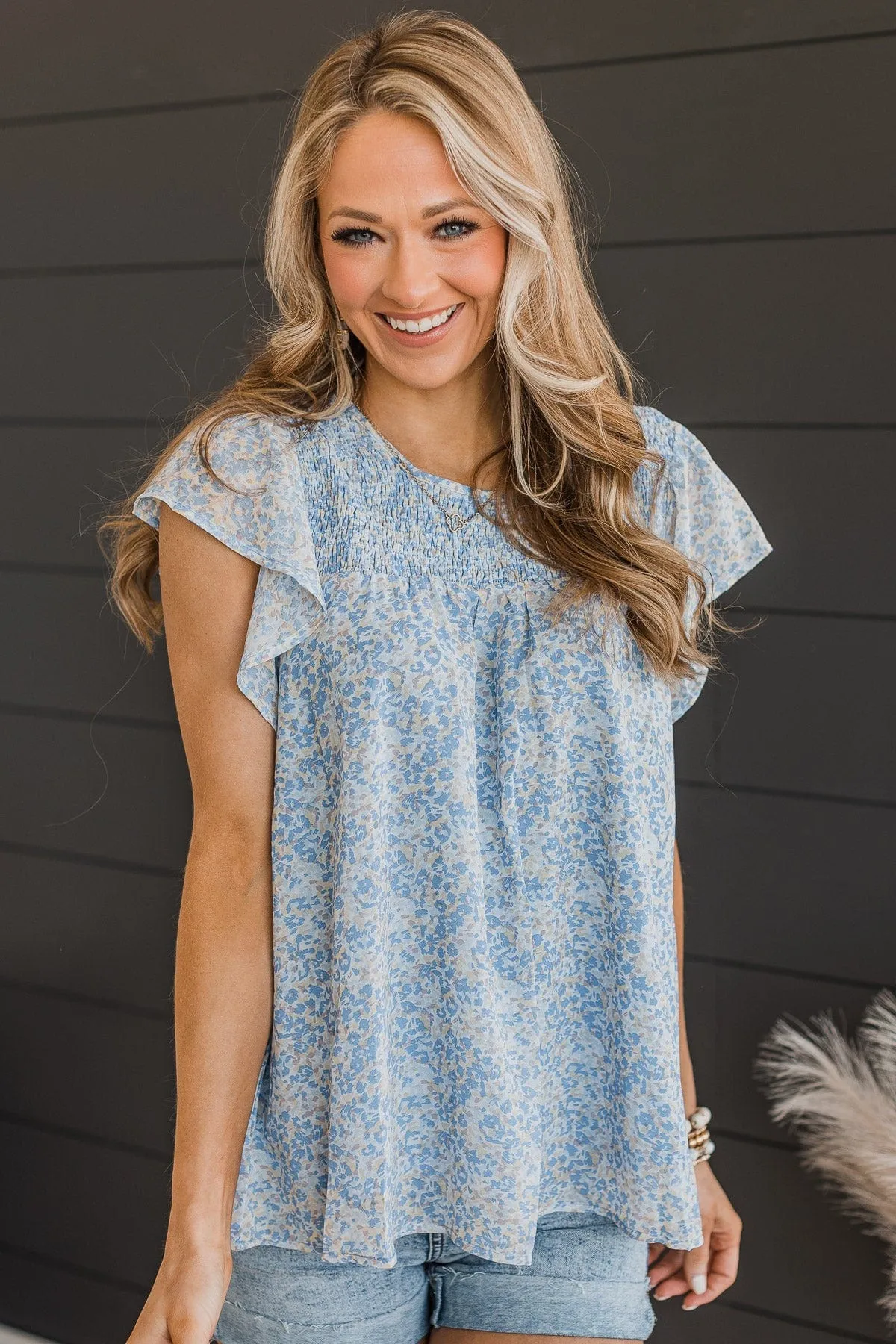 Sign Me Up Smocked Floral Blouse- Blue