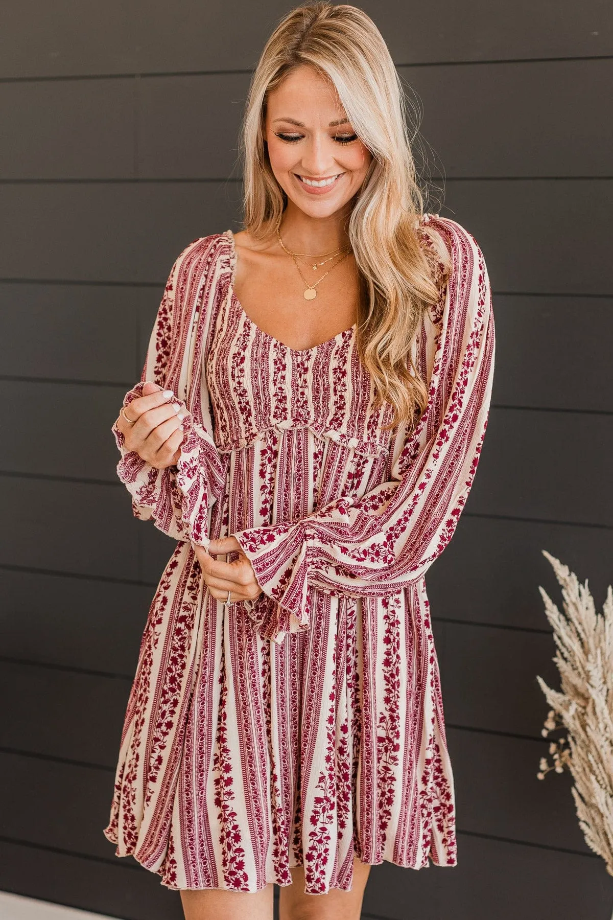 Time To Dance Floral Dress- Burgundy