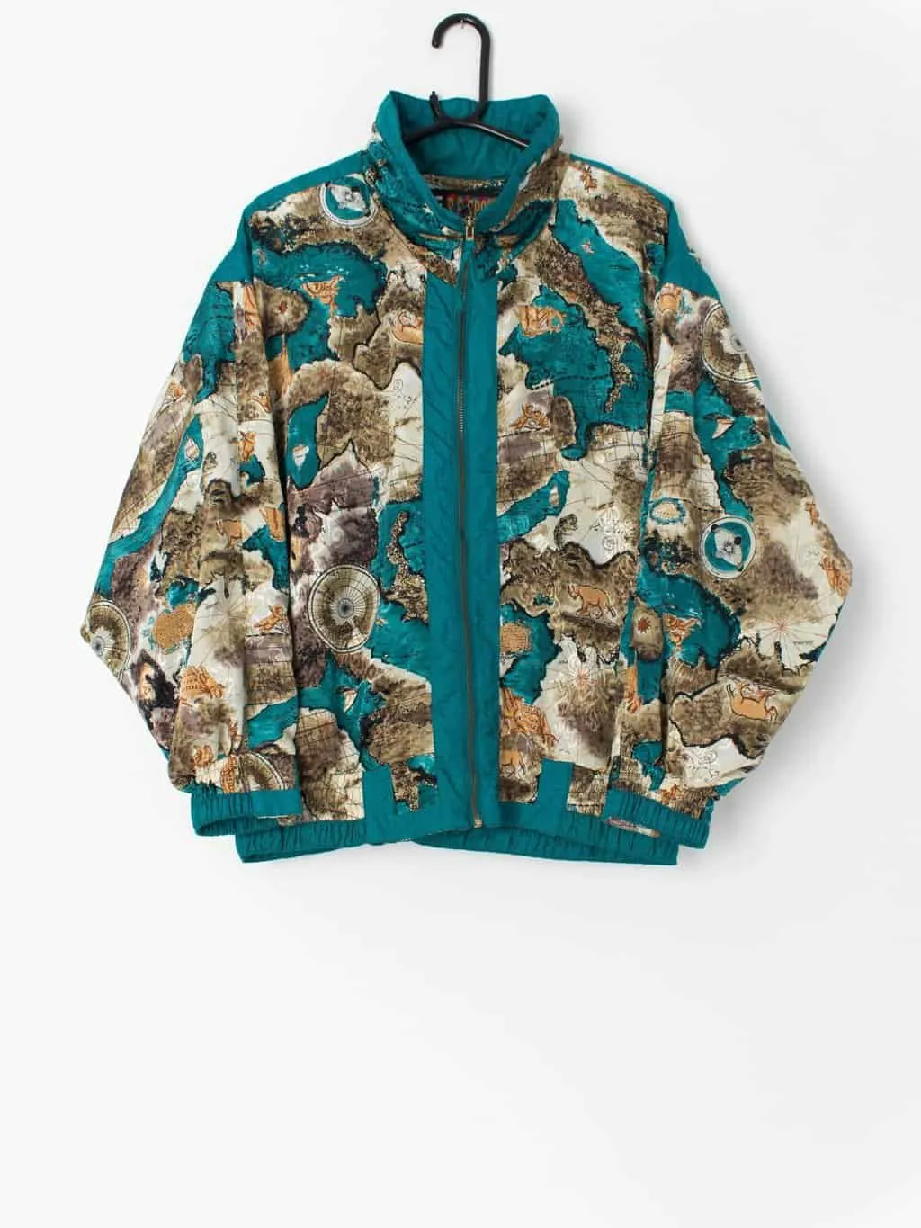 Vintage shell jacket with maps and cherubs in teal blue – Medium