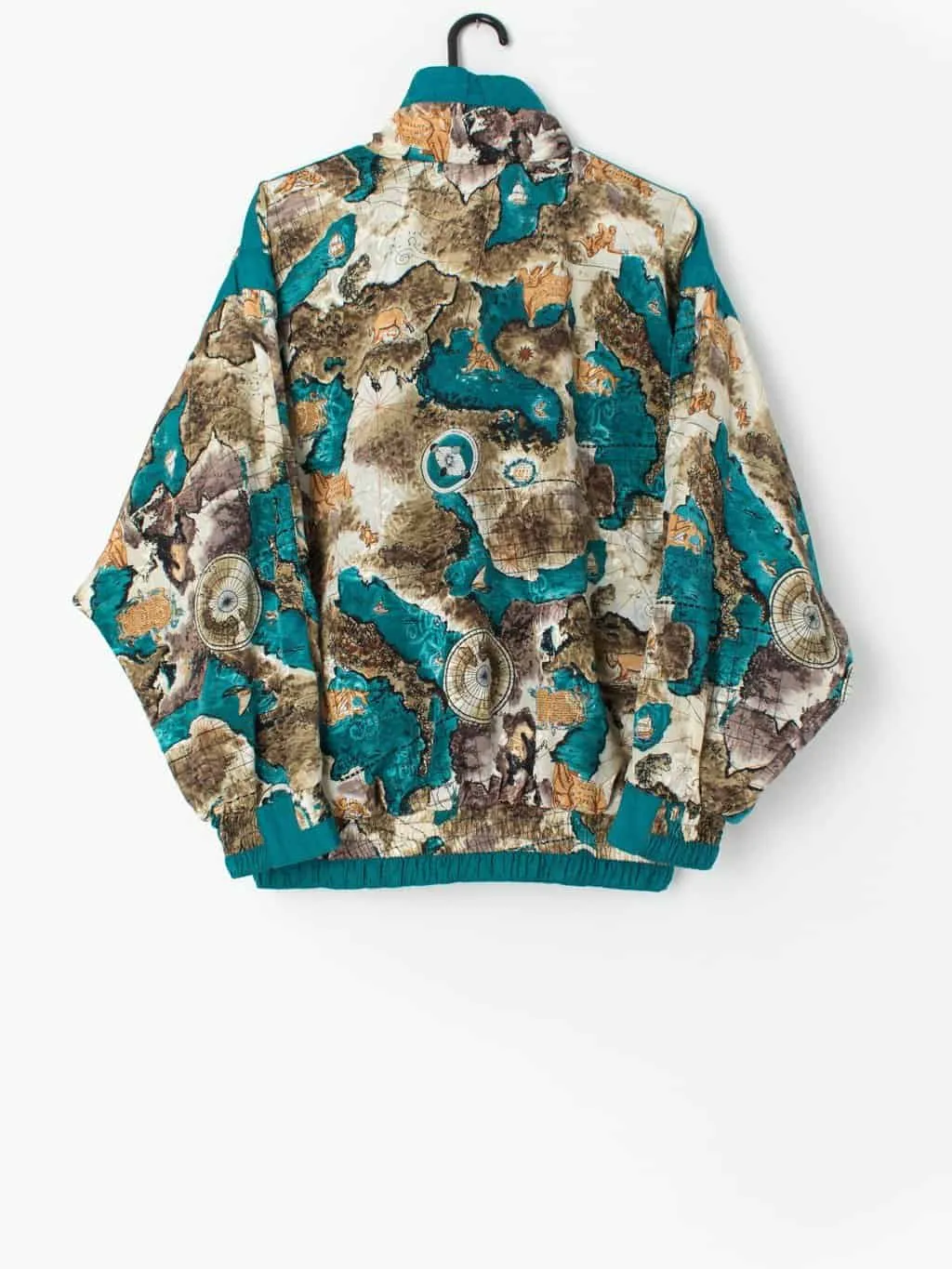 Vintage shell jacket with maps and cherubs in teal blue – Medium