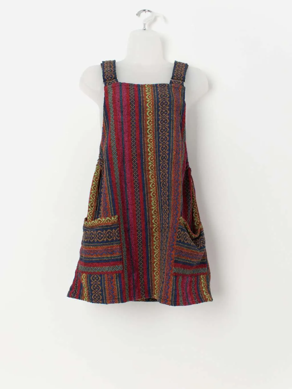 Vintage woven dungaree dress in rainbow colours – Small / Medium