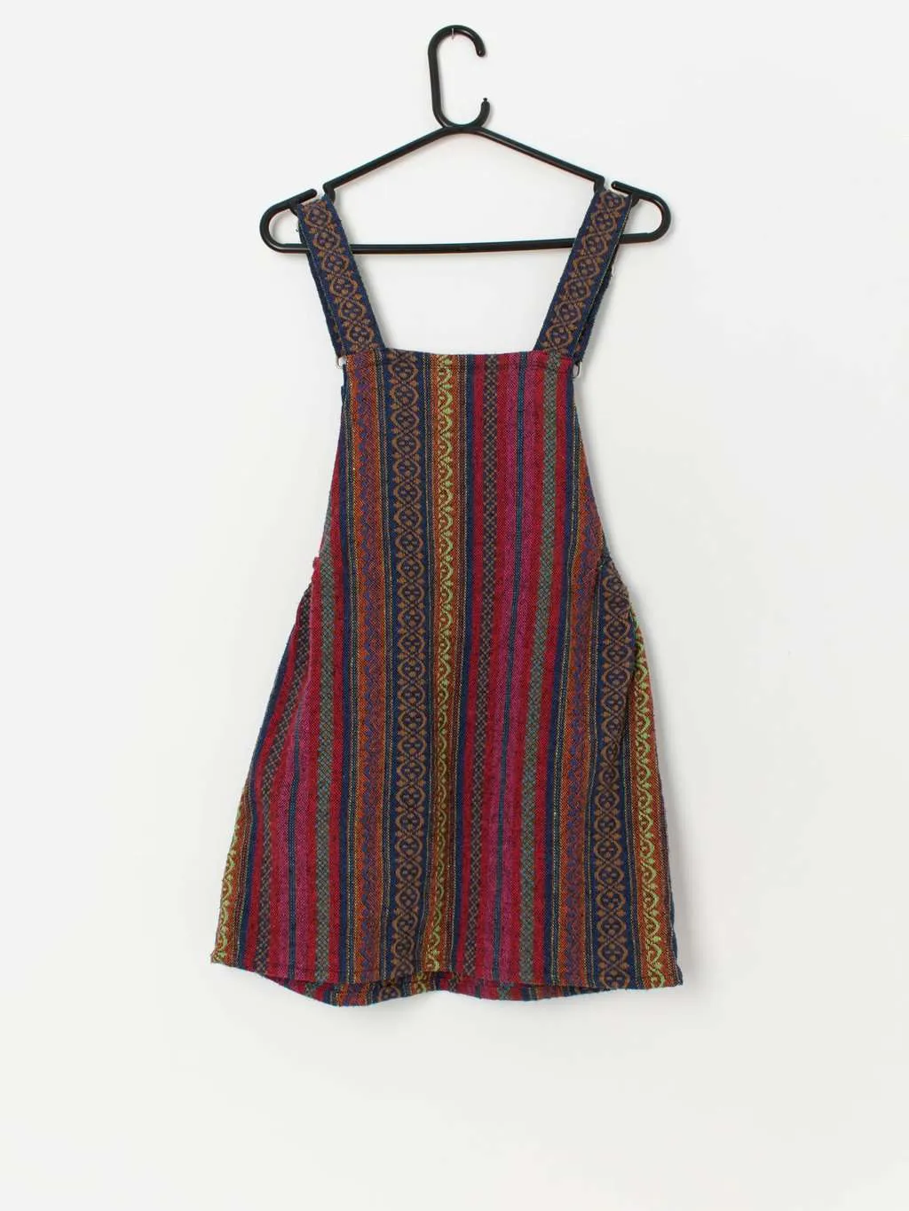 Vintage woven dungaree dress in rainbow colours – Small / Medium