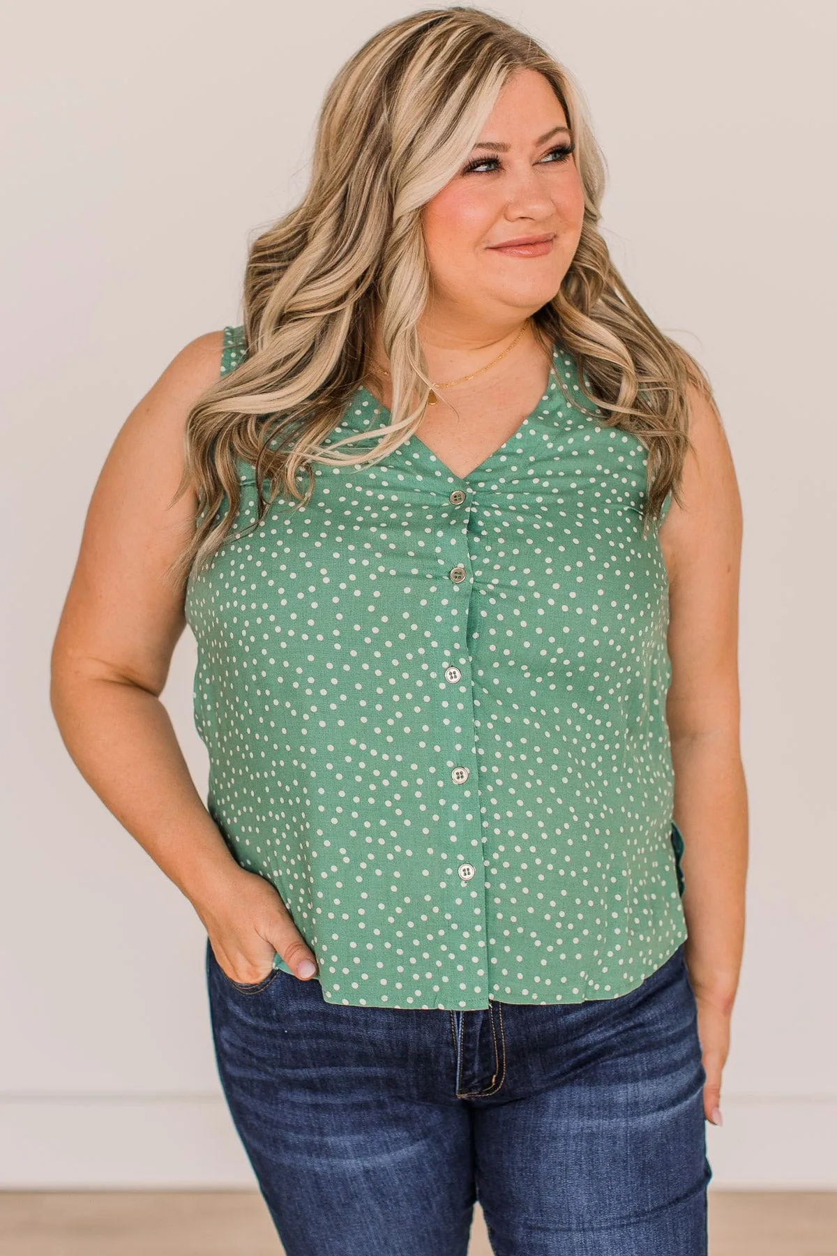 With Confidence Polka Dot Tank Top- Sage