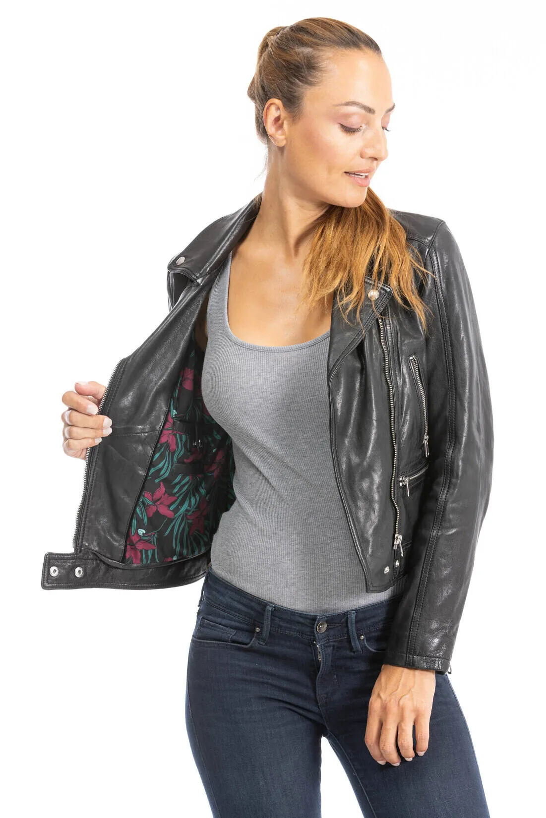 Women's black lamb leather biker jacket panila