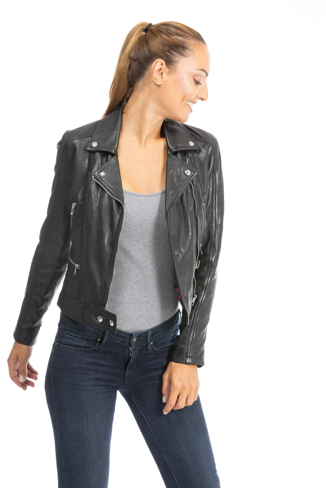 Women's black lamb leather biker jacket panila