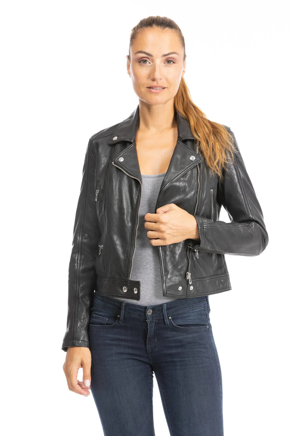 Women's black lamb leather biker jacket panila