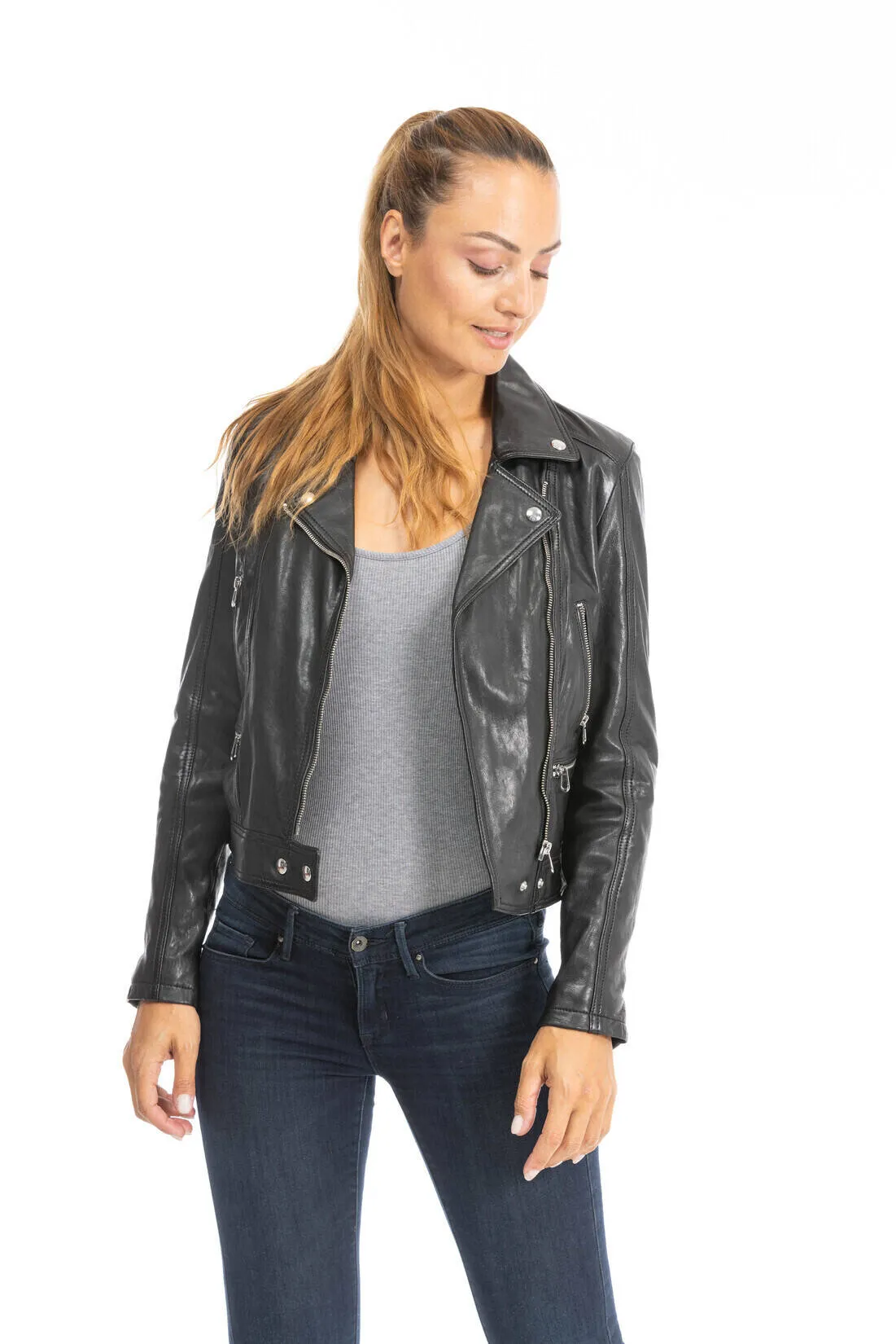 Women's black lamb leather biker jacket panila