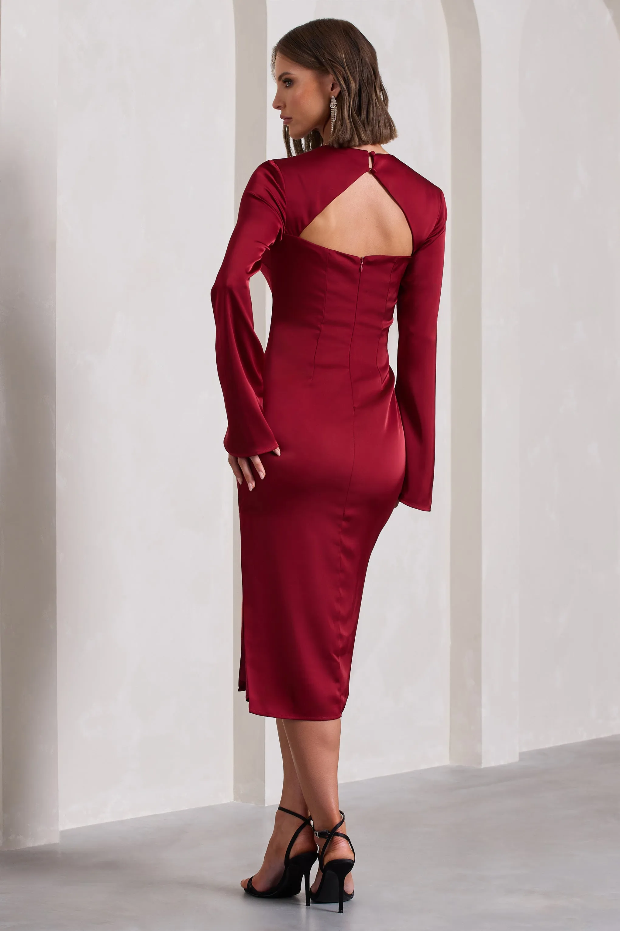 Zaina | Burgundy Long Sleeve Maxi Dress with High Neckline