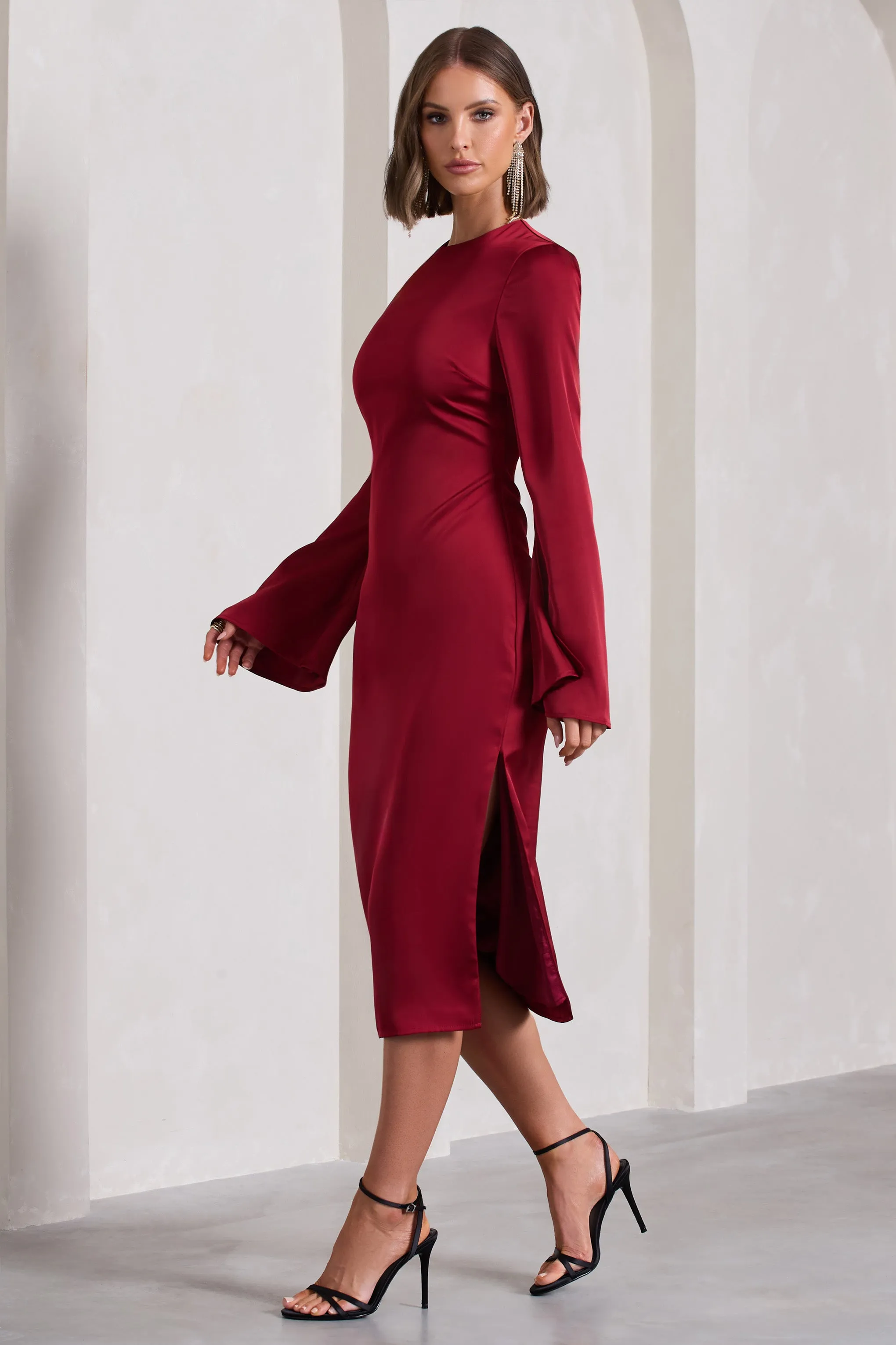 Zaina | Burgundy Long Sleeve Maxi Dress with High Neckline