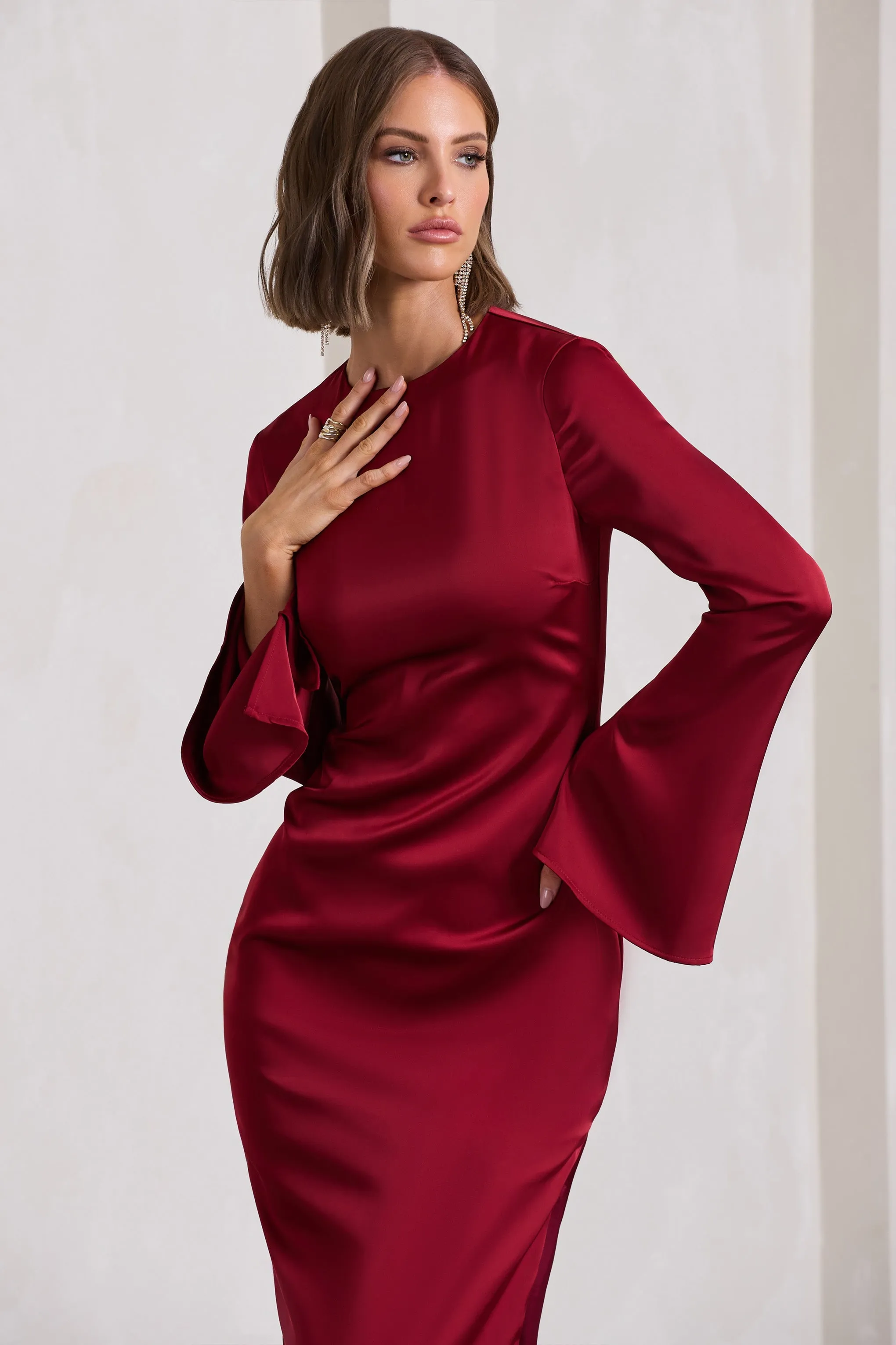 Zaina | Burgundy Long Sleeve Maxi Dress with High Neckline