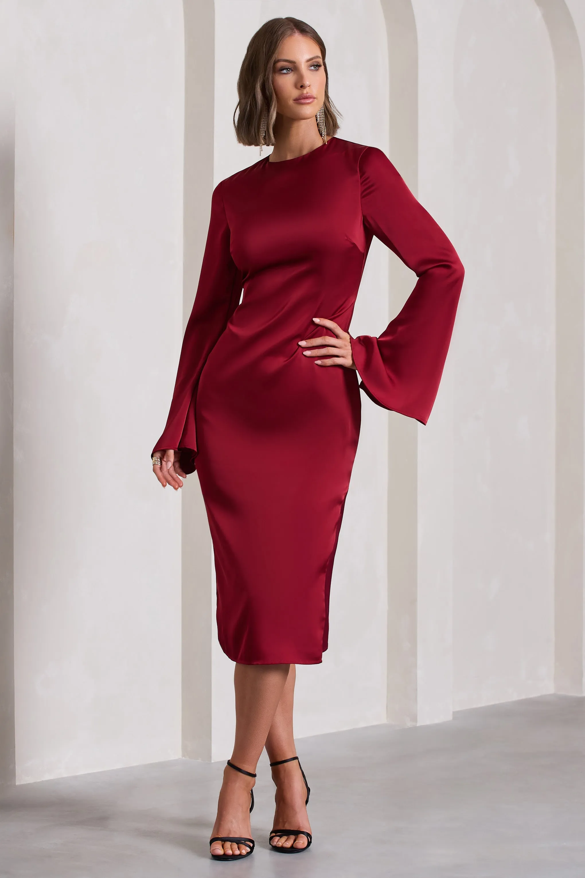 Zaina | Burgundy Long Sleeve Maxi Dress with High Neckline