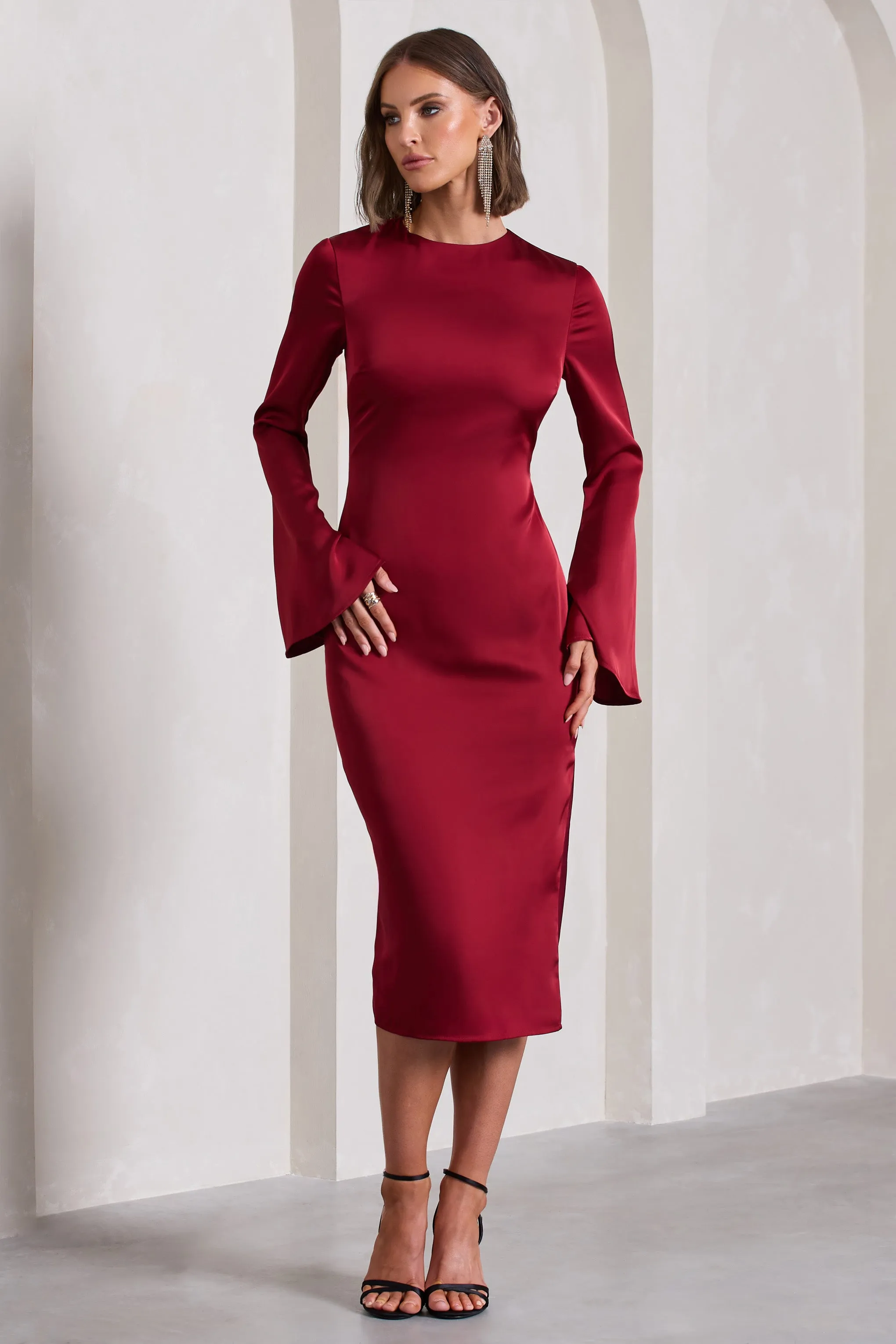 Zaina | Burgundy Long Sleeve Maxi Dress with High Neckline